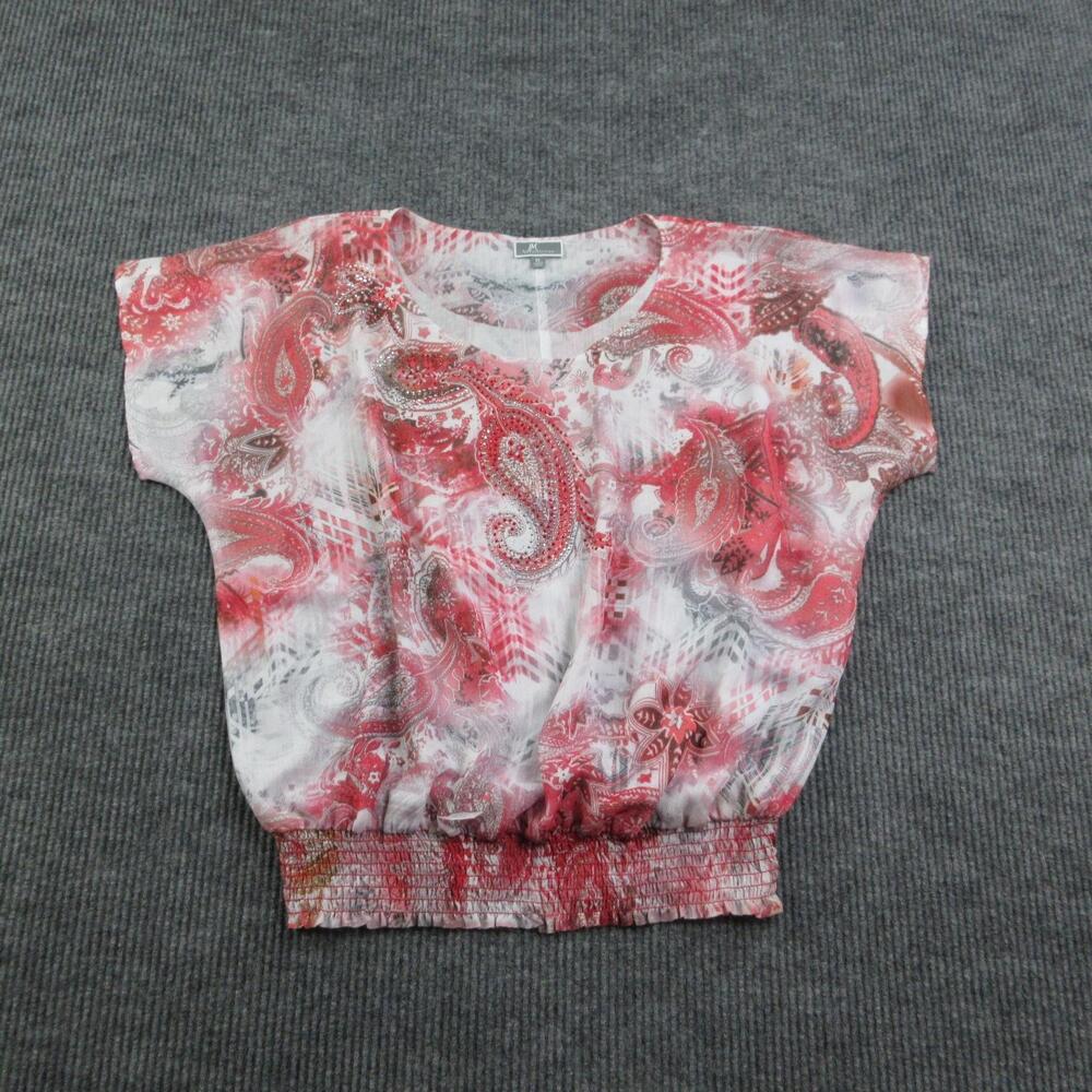 JM Collection Blouse Womens XL Red Cropped Chiffon Cap Sleeve Paisley Rhinestone